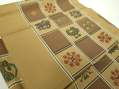 平和屋着物●本場筑前博多織　つけ帯　市松花鳥文　正絹　逸品　DAAZ0254ps