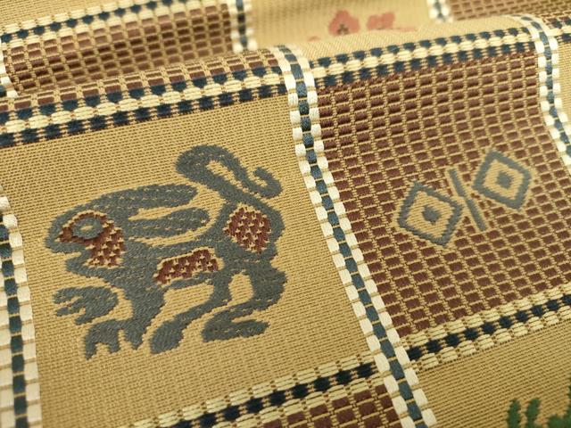 平和屋着物●本場筑前博多織　つけ帯　市松花鳥文　正絹　逸品　DAAZ0254ps