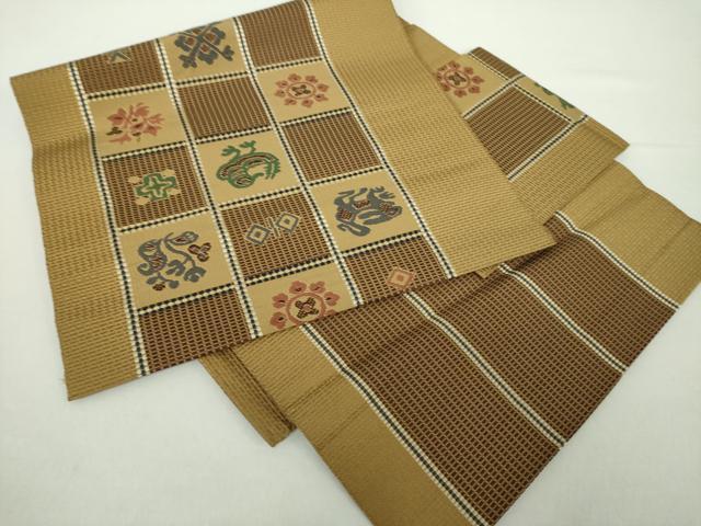 平和屋着物●本場筑前博多織　つけ帯　市松花鳥文　正絹　逸品　DAAZ0254ps
