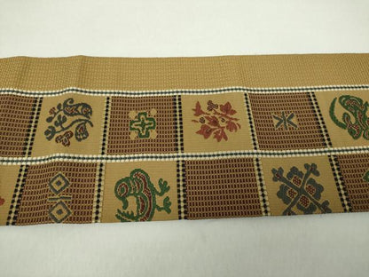 平和屋着物●本場筑前博多織　つけ帯　市松花鳥文　正絹　逸品　DAAZ0254ps