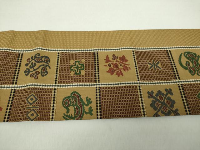 平和屋着物●本場筑前博多織　つけ帯　市松花鳥文　正絹　逸品　DAAZ0254ps