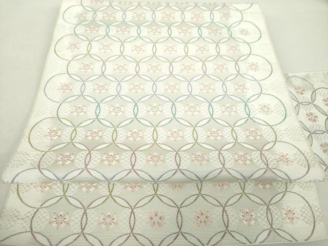 平和屋着物●本場筑前博多織 八寸名古屋帯 七宝繋ぎ 桜文 金糸 正絹 逸品 DAAZ0308ps