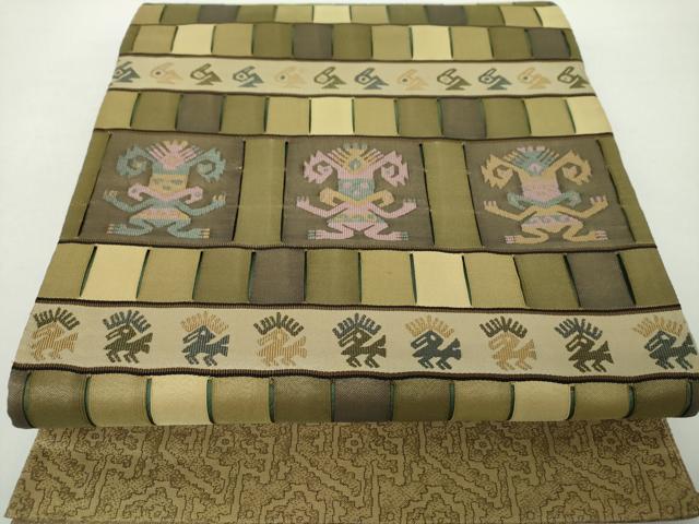 平和屋着物●太鼓柄袋帯 神人文様綴織 金糸 正絹 逸品 DAAZ0353ps