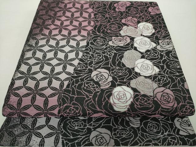 平和屋着物●両面 全通柄袋帯 薔薇 黒地 正絹 逸品 未使用 DAAZ0401ps