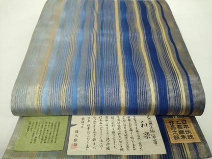 平和屋着物▽西陣 全通柄袋帯 スリーシーズン帯 春 夏 秋 天然繭生紬 和楽 間道 金糸 証紙付き 正絹 逸品 未使用 DAAZ0441ps