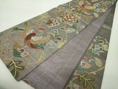 平和屋着物▽中国三大刺繍 相良刺繍 六通柄袋帯 スリーシーズン帯 春 夏 秋 櫛織り 鳳凰更紗花文 金銀糸 正絹 逸品 DAAZ0455ps