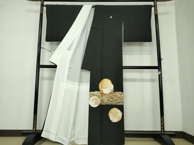 平和屋着物●豪華黒留袖　駒刺繍　立波鶴の丸　金彩　正絹　逸品　DAAZ0489ps