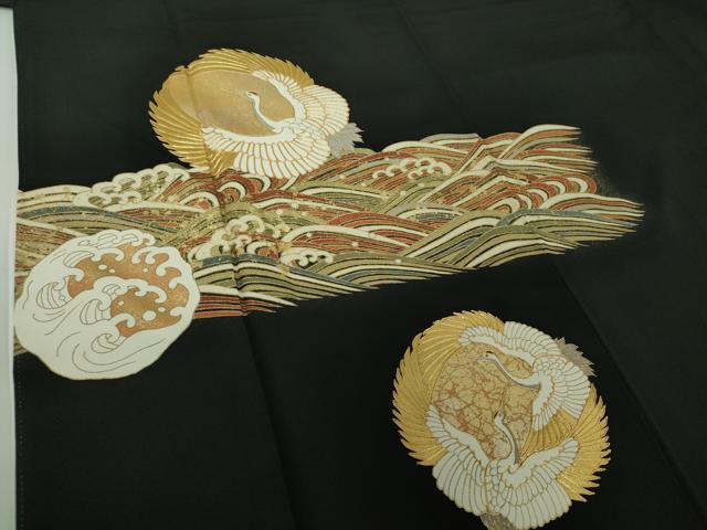 平和屋着物●豪華黒留袖　駒刺繍　立波鶴の丸　金彩　正絹　逸品　DAAZ0489ps