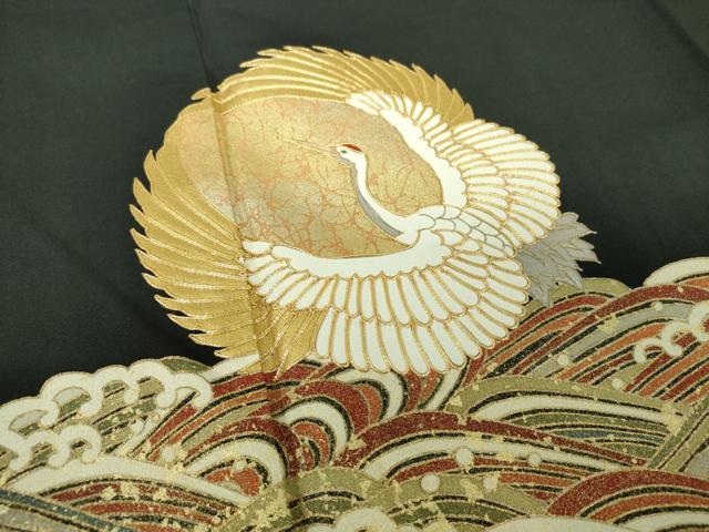 平和屋着物●豪華黒留袖　駒刺繍　立波鶴の丸　金彩　正絹　逸品　DAAZ0489ps