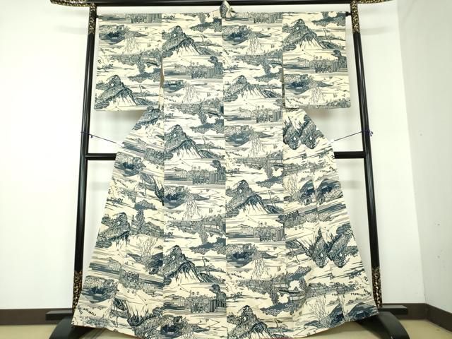 平和屋着物●上質な小紋　紬地　型染　風景文　正絹　逸品　DAAZ0686ps