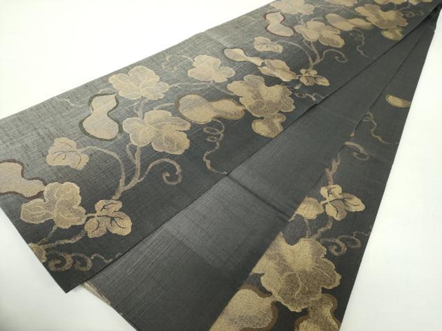 平和屋着物▽六通柄袋帯　スリーシーズン帯　春　夏　秋　紬地　蔦の葉瓢箪　金糸　正絹　逸品　未使用　DAAZ0773ps