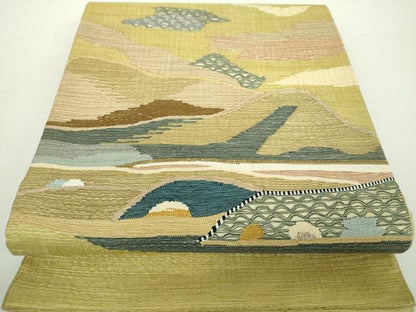 平和屋着物▽太鼓柄袋帯 スリーシーズン帯 春 夏 秋 すくい織 霞文 正絹 逸品 DAAZ0800ps