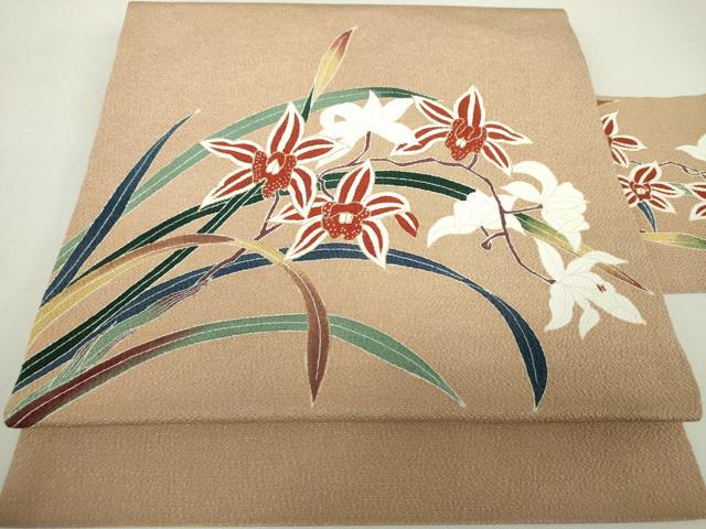 平和屋着物●九寸名古屋帯 草花文 鬼しぼ縮緬 金彩 正絹 逸品 DAAZ0834ps