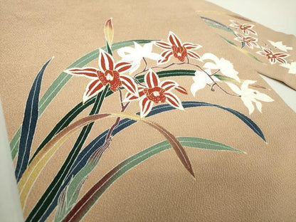 平和屋着物●九寸名古屋帯 草花文 鬼しぼ縮緬 金彩 正絹 逸品 DAAZ0834ps