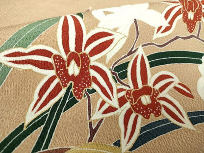 平和屋着物●九寸名古屋帯 草花文 鬼しぼ縮緬 金彩 正絹 逸品 DAAZ0834ps