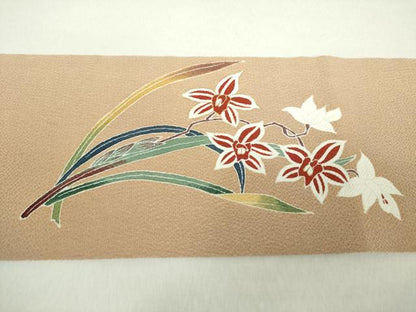 平和屋着物●九寸名古屋帯 草花文 鬼しぼ縮緬 金彩 正絹 逸品 DAAZ0834ps