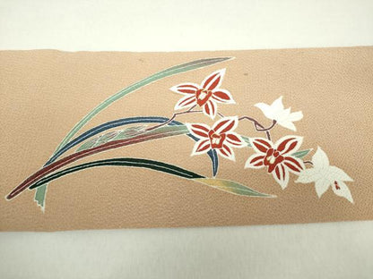 平和屋着物●九寸名古屋帯 草花文 鬼しぼ縮緬 金彩 正絹 逸品 DAAZ0834ps