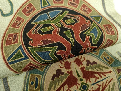 平和屋着物●全通柄九寸名古屋帯 鳥獣花丸文 鬼しぼ縮緬 正絹 逸品 DAAZ0835ps