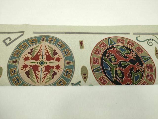 平和屋着物●全通柄九寸名古屋帯 鳥獣花丸文 鬼しぼ縮緬 正絹 逸品 DAAZ0835ps
