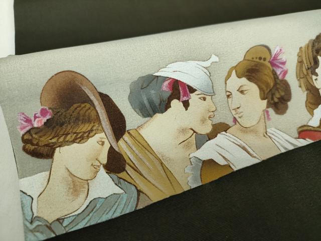 平和屋着物●塩瀬　九寸名古屋帯　手描き　西洋人　黒地　正絹　逸品　DAAZ0845ps