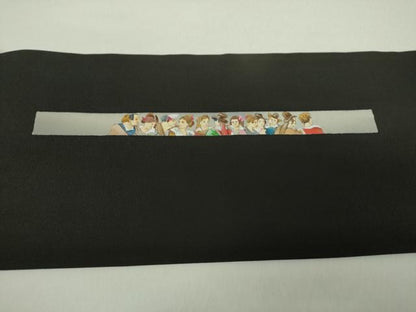平和屋着物●塩瀬　九寸名古屋帯　手描き　西洋人　黒地　正絹　逸品　DAAZ0845ps