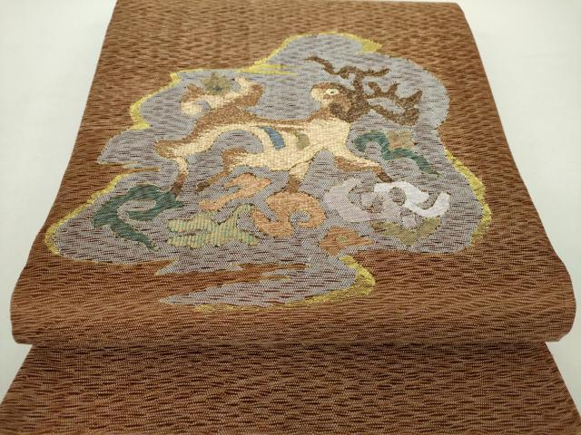 平和屋着物▽太鼓柄袋帯 スリーシーズン帯 春 夏 秋 すくい織 鹿花文 金糸 正絹 逸品 DAAZ0876ps