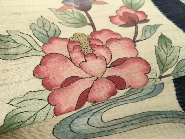 平和屋着物●摺型友禅　京都　多ち花　九寸名古屋帯　紬地　絞り　手描き　流水風景花文　正絹　逸品　DAAZ0946ps