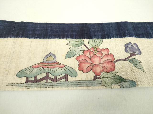 平和屋着物●摺型友禅　京都　多ち花　九寸名古屋帯　紬地　絞り　手描き　流水風景花文　正絹　逸品　DAAZ0946ps