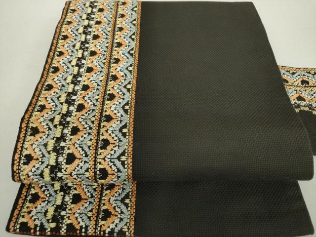 平和屋着物●九寸名古屋帯　駒刺繍　総刺繍　間道　黒地　金糸　逸品　DABE5625ps 平和屋着物○九寸名古屋帯 駒刺繍 総刺繍 間道 黒地 金糸
