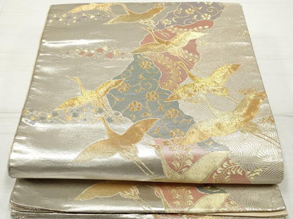 平和屋着物◎六通柄袋帯 道長飛鶴花文 金銀糸 正絹 逸品 DAAZ1019qa