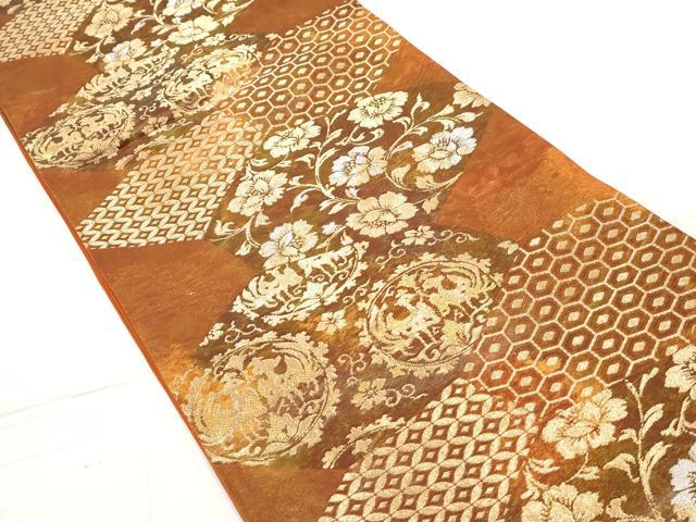 平和屋着物◎六通柄袋帯 更紗花文 向かい鳥 金銀糸 正絹 逸品 DAAZ1020qa