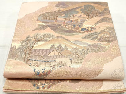平和屋着物◎六通柄 重ね山人物風景文 双三東海道 金糸 袋帯 正絹 逸品 DAAZ1028qa
