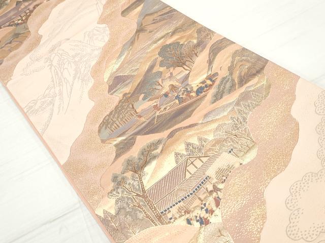 平和屋着物◎六通柄 重ね山人物風景文 双三東海道 金糸 袋帯 正絹 逸品 DAAZ1028qa