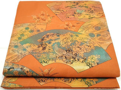 平和屋着物◎六通柄袋帯　地紙花鳥文　金糸　正絹　逸品　DAAZ1033qa