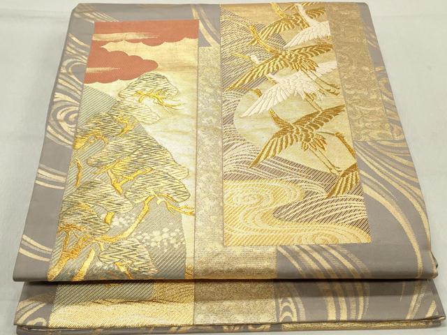平和屋着物◎六通柄袋帯　流水飛鶴枝松文　金糸　正絹　逸品　DAAZ1216qa
