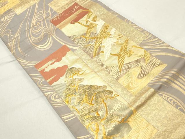 平和屋着物◎六通柄袋帯　流水飛鶴枝松文　金糸　正絹　逸品　DAAZ1216qa