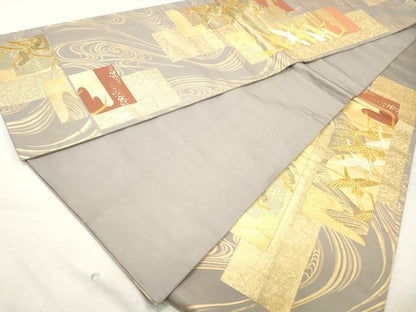 平和屋着物◎六通柄袋帯　流水飛鶴枝松文　金糸　正絹　逸品　DAAZ1216qa