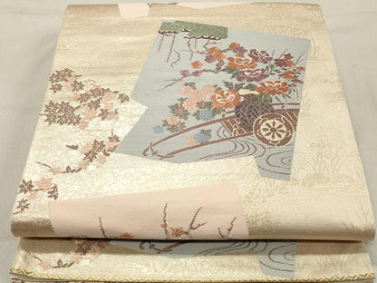平和屋着物◎六通柄袋帯　唐織　蒔絵色紙文　金糸　正絹　逸品　DAAZ1236qa