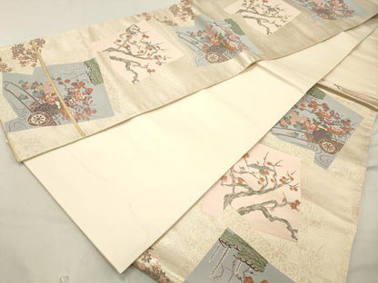 平和屋着物◎六通柄袋帯　唐織　蒔絵色紙文　金糸　正絹　逸品　DAAZ1236qa