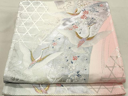 平和屋着物◎六通柄袋帯　唐織　竹垣に鶴　金銀糸　正絹　逸品　DAAZ1238qa