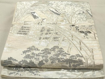 平和屋着物◎六通柄袋帯　作家物　渡橋人物風景文　金銀糸　正絹　逸品　DAAZ1245qa