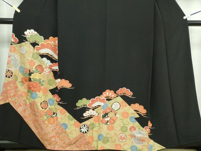 平和屋着物■豪華黒留袖　駒刺繍　枝松花丸文　松竹梅　金彩　正絹　逸品　DAAZ1341qa