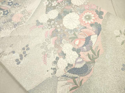 平和屋着物◎六通柄袋帯　鴛鴦花文　銀糸　正絹　逸品　DAAZ1718qa