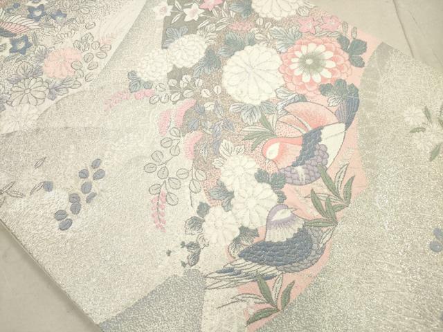 平和屋着物◎六通柄袋帯　鴛鴦花文　銀糸　正絹　逸品　DAAZ1718qa