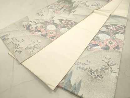 平和屋着物◎六通柄袋帯　鴛鴦花文　銀糸　正絹　逸品　DAAZ1718qa