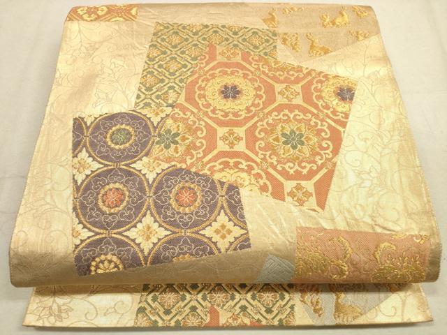 平和屋着物◎六通柄袋帯　色紙重ね蜀江花文　花兎　金糸　正絹　逸品　DAAZ1726xg