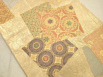平和屋着物◎六通柄袋帯　色紙重ね蜀江花文　花兎　金糸　正絹　逸品　DAAZ1726xg