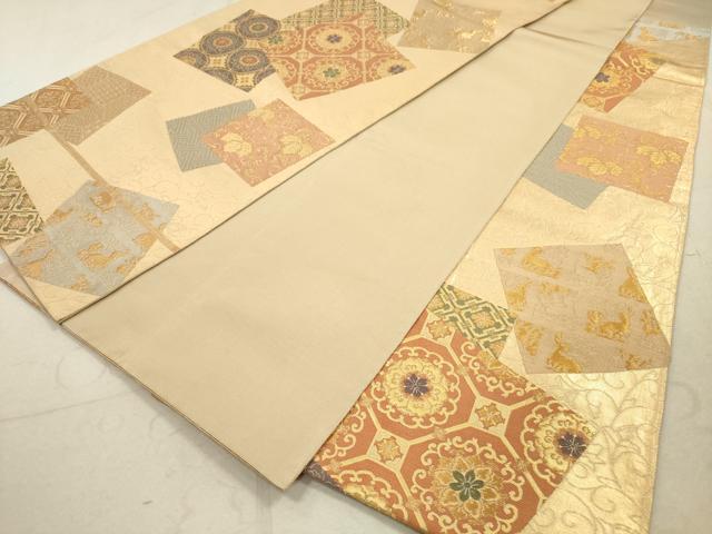 平和屋着物◎六通柄袋帯　色紙重ね蜀江花文　花兎　金糸　正絹　逸品　DAAZ1726xg