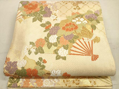 平和屋着物◎佐賀錦 六通柄袋帯 唐織 扇面花文 金糸 正絹 逸品 DAAZ1740xg