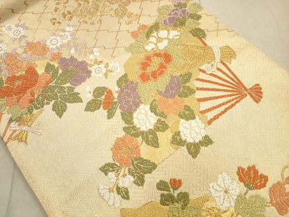 平和屋着物◎佐賀錦 六通柄袋帯 唐織 扇面花文 金糸 正絹 逸品 DAAZ1740xg
